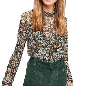 Free People Floral Sheer Blouse - Black and White